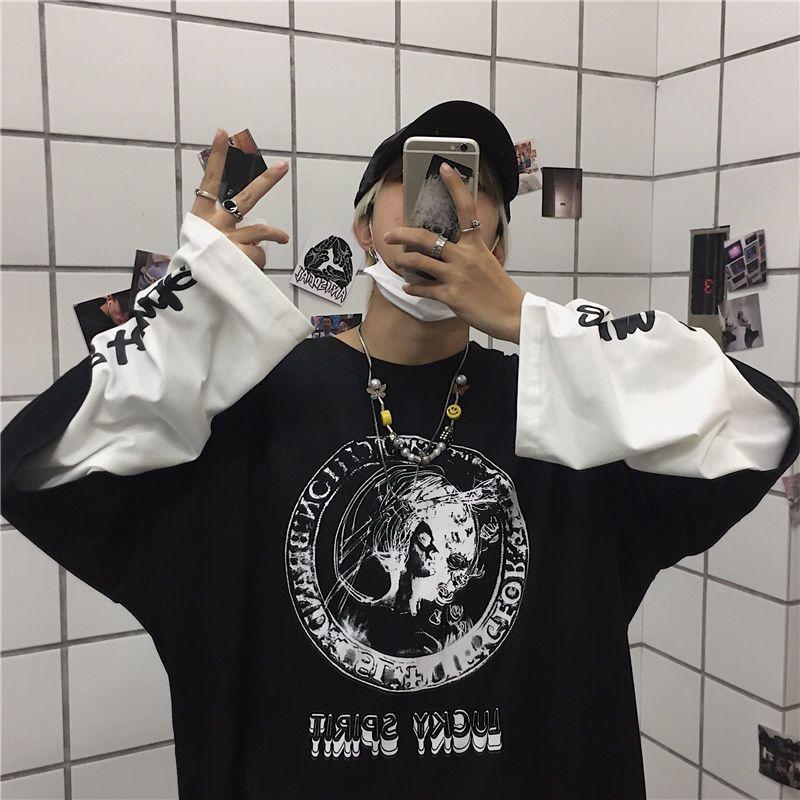 Fake Two-piece Original Diablo Anime Letter Printed Top Spring and Autumn Loose Hip-hop All-match Men's Long-sleeved T-shirt