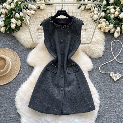 Autumn Winter Women Sweet Sleeveless Single Breasted Tweed Mini Short Party Dresses