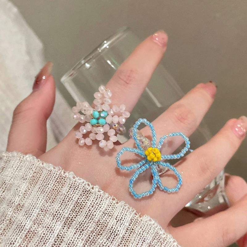 Crystal Handmade Beaded Flower Ring High Sense Simple Sweet Dopamine Ring Fashion Versatile Index Finger Ring Women