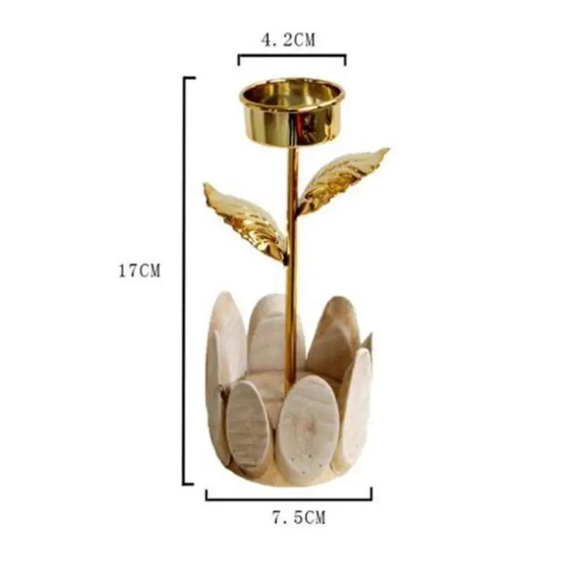 Metal Candle Holder Stand Candlestick Christmas Golden Rose Floral Wooden Base Wedding Table Decoration Home Desk Decor