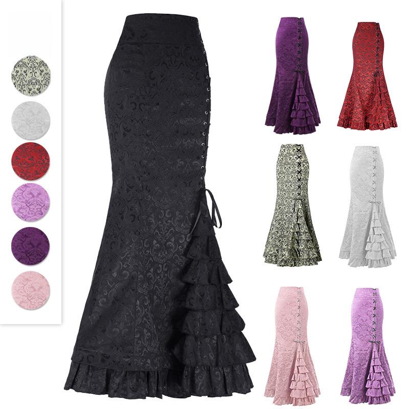 Gothic Dark Style Jacquard Fishtail Skirt with Lace-up Design for Women