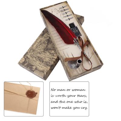 Retro Feather Pen Writing Ink Set Stationery Exquisite Feather Dip Pen Stamp Set Art Supplies Crafts Gifts For Student DIY