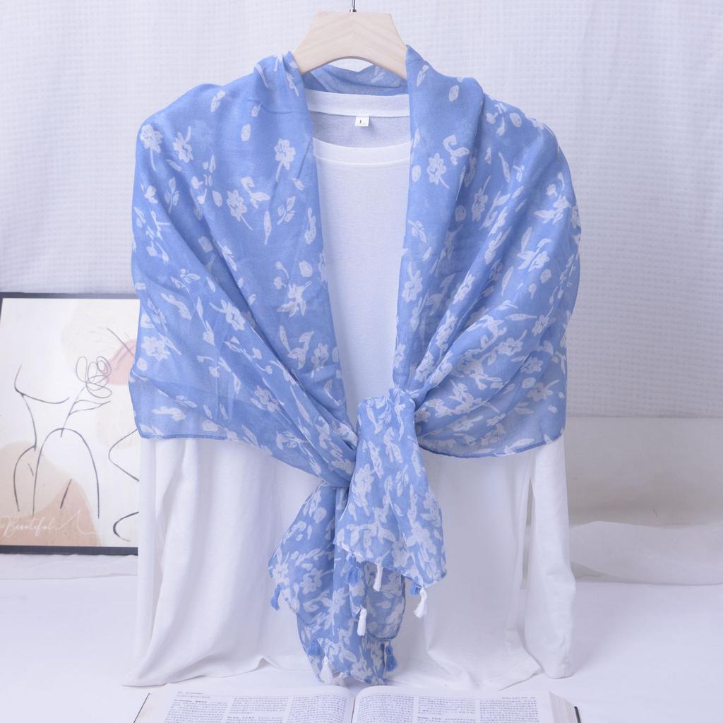 Ethnic Style Blue and White Porcelain Cotton and Linen Scarf, Women's Artistic Shawl, Travel Sunscreen Scarf, Office Shawl