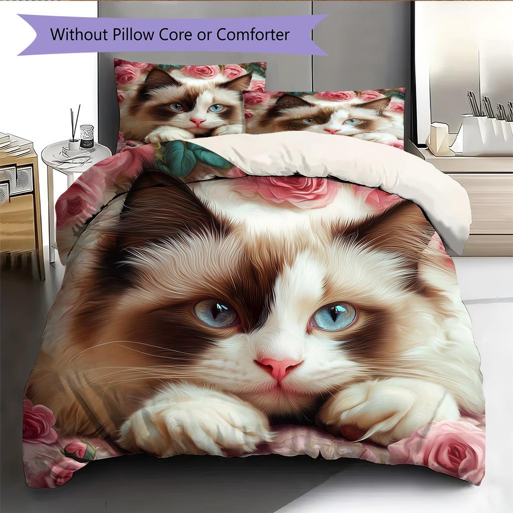 Ragdoll Cat and Rose Pattern Bedding Home Decoration Birthday Gift (1 * Duvet Cover + 2 * Pillowcase, Without Core)