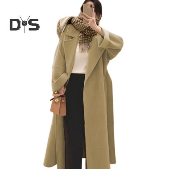 Sobretudo de inverno feminino com cinto, gola virada para baixo, bolsos, cardigan de cor pura, casaco de comprimento médio, mangas compridas, térmico, para deslocamento, namoro, casaco de inverno