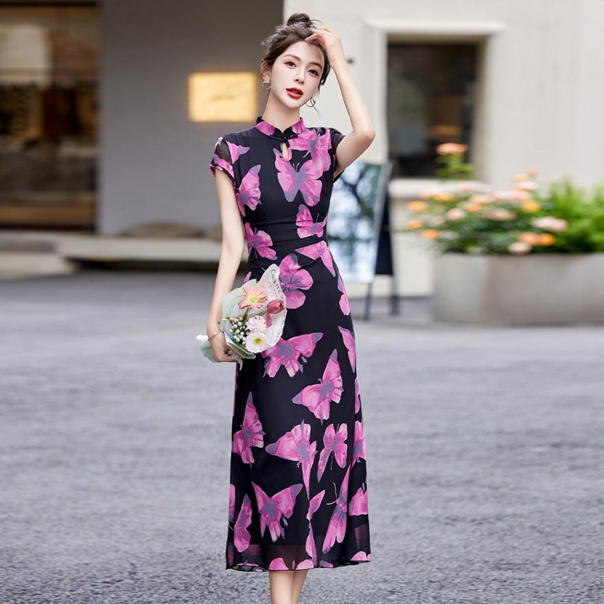 

Платье летнее новое нишевый дизайн темперамент талия и тонкий улучшенный цветочный ципао длинная юбка 2XL