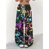 2026 Black Rainbow Paint Splatter Fashionable Pants Quick Drying Women's Elastic Waist Trousers Kids Y2K Streetwear Style