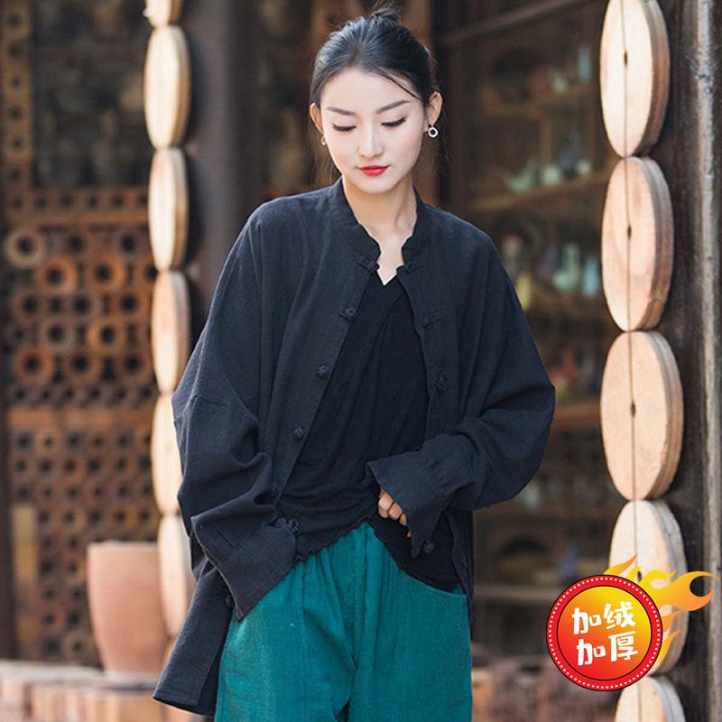 Cotton and linen women's top, new Chinese style cardigan, spring and autumn coat, zen loose tea clothes, button-down long-sleeved shirt