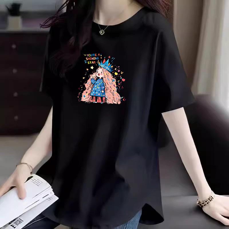 2025 Summer Women's Loose Fit Cartoon Cotton T-Shirt with Hip-Covering Mid-Length Design