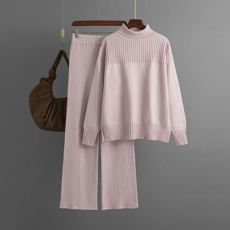 Women's knitted pullover solid color turtleneck loose casual autumn and winter sweater two-piece set