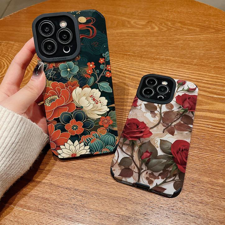Funda Trasera de Cuero con Grano Vertical y Estampado Floral de Silicona Suave con Protección Completa para la Lente de la Cámara para Samsung