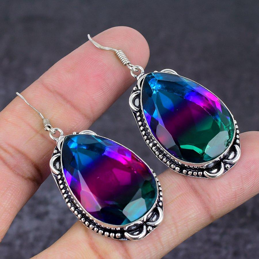 Natural Bi-Color Tourmaline 925 Sterling Silver Jewelry Earring 2.21" z7U06