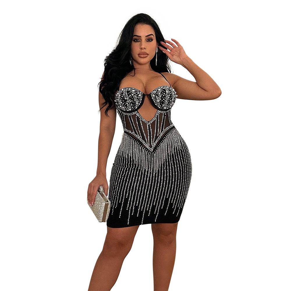CY900891 European and American women's clothing, fashionable hot diamond party suspender hip A-shaped dress, dress women