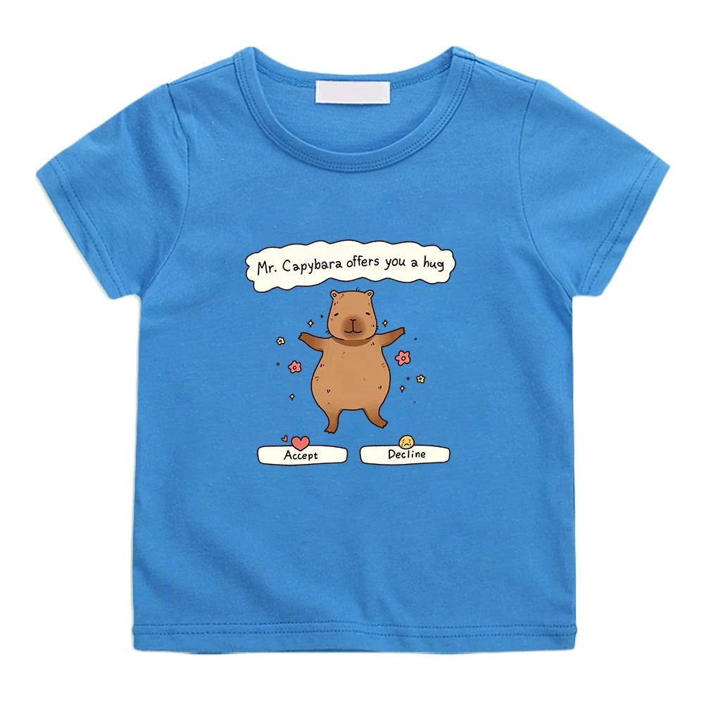 Kids Short Sleeve T Shirt Cute Hugging Capybara With Funny Text Print Crew Neck Tee Lovely Animal Graphic Casual Kids Daily Top
