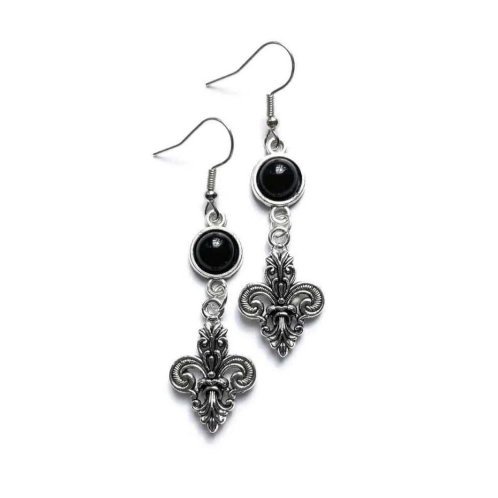 Gothic Victorian Silver Color Stainless Steel Iris Flower Filigree Black Stone Dangle Earrings for Women Halloween Party Jewelry