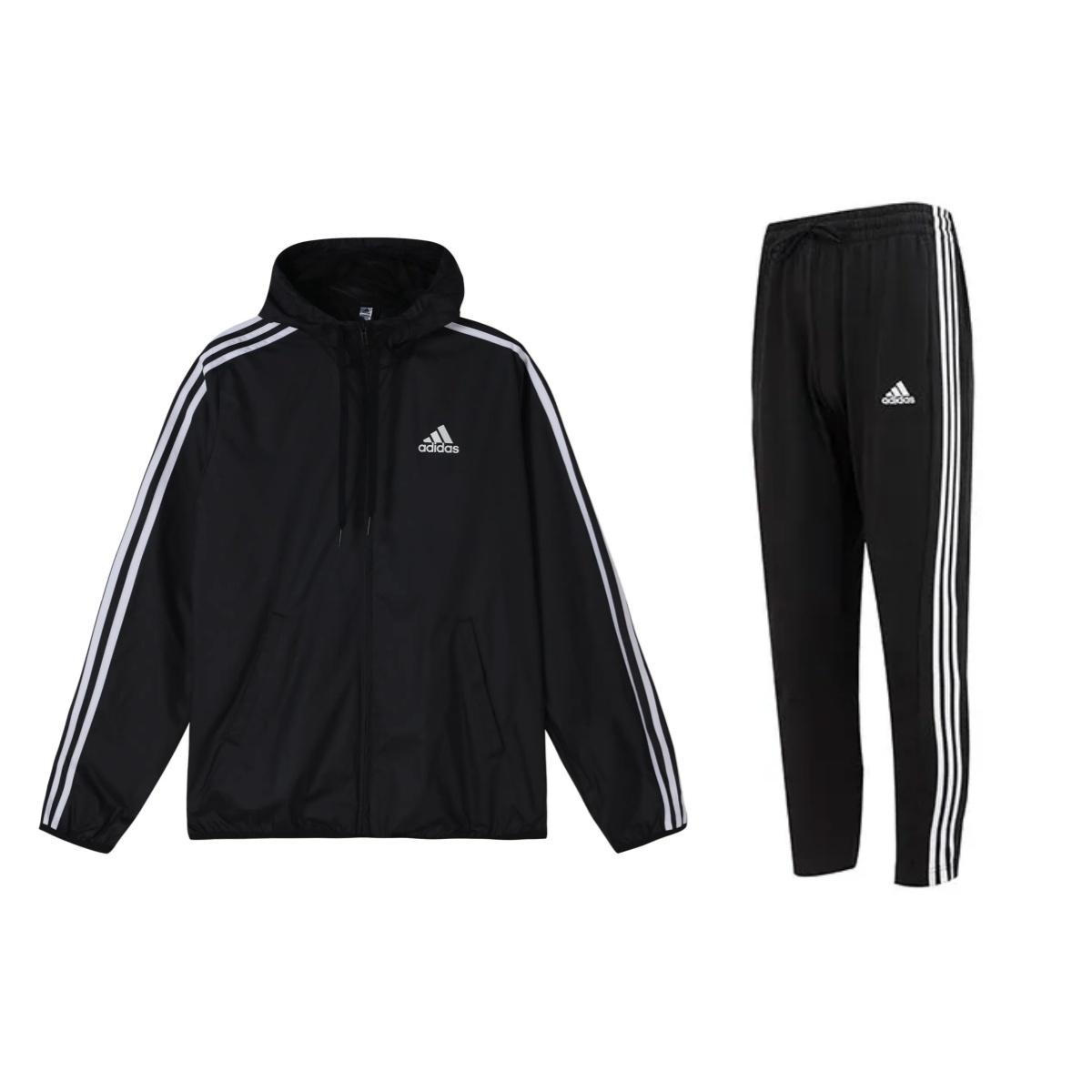 

Adidas High Street Minimalist Striped Hooded Long Sleeve Jacket Knit Pants Casual Sports Set Men Sports Set Black GK9026+IC0044 S