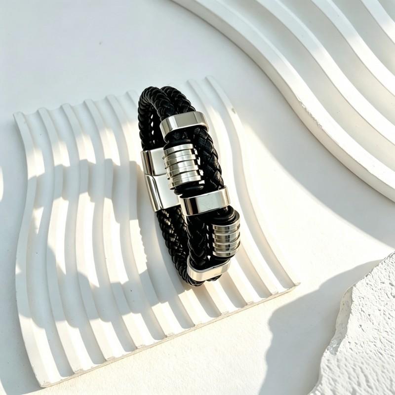 Mens Multi-Layer Braided Leather Cord Bracelet With Stainless Steel Cross Tiger Eye Bead Adjustable Wristband