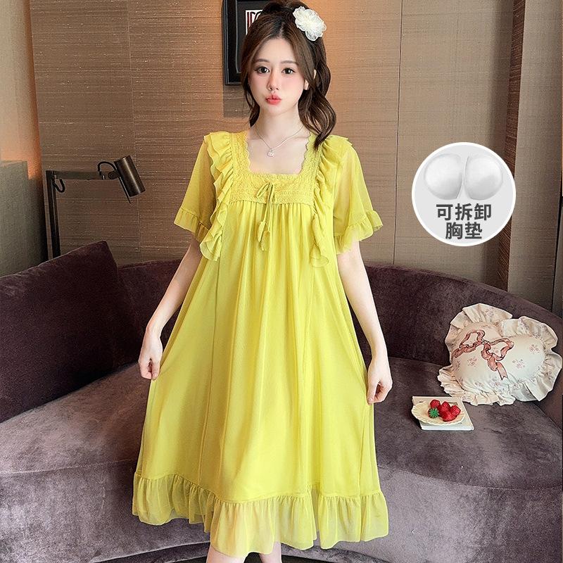Linglei Summer Solid Color Lace Bow Mesh Court Princess Style Long Nightdress Pajamas Loungewear Women