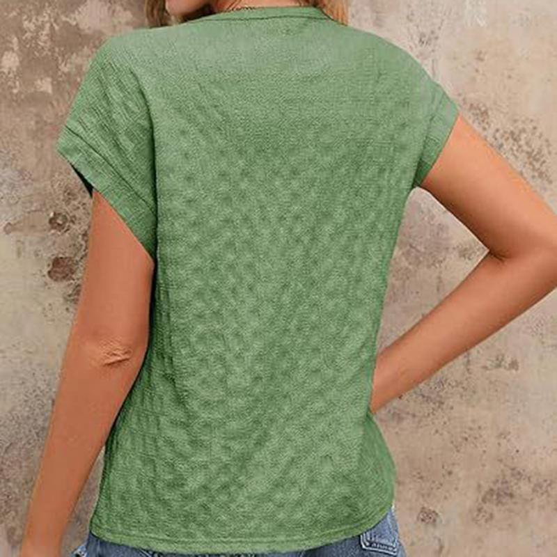 Ladies Summer Short Sleeve O Neck Solid Color Jacquard Plaid Pullover T Shirt Top