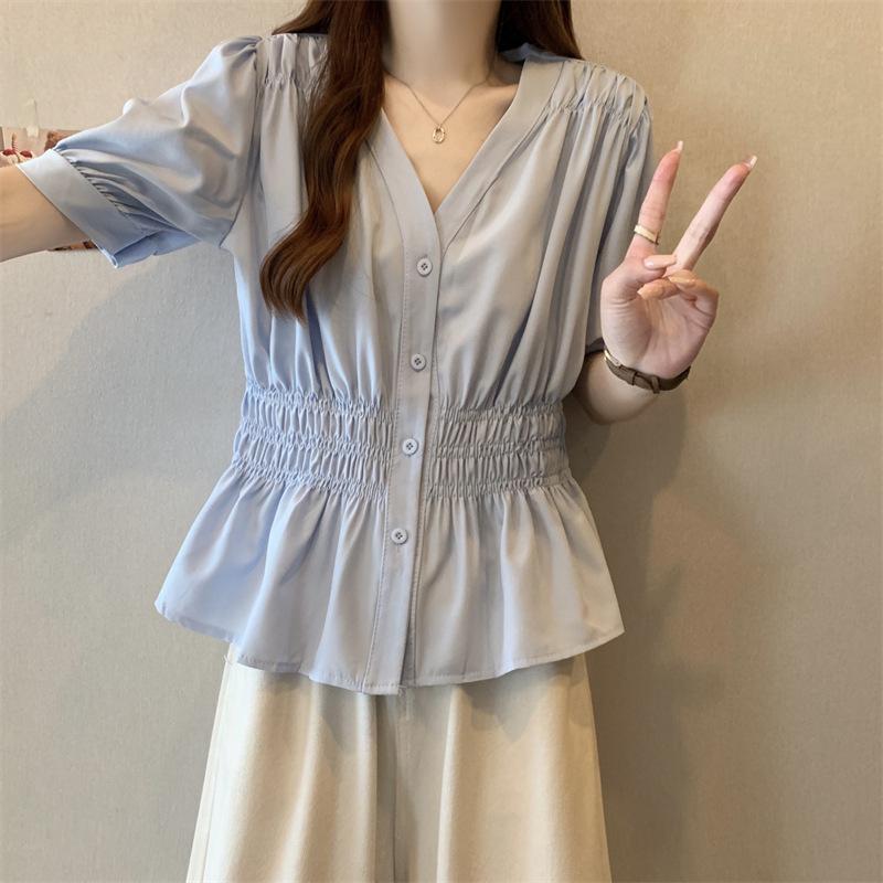 YYFS Dámská móda Ležérní Léto Jaro Jednobarevný potisk Halenky a košile s krátkým rukávem a výstřihem do V