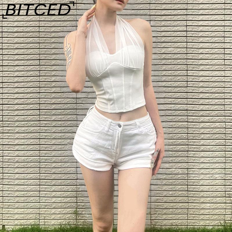 BITCED Summer Women's Solid-Colour Sexy Halterneck Fishbone-Style Crop Top