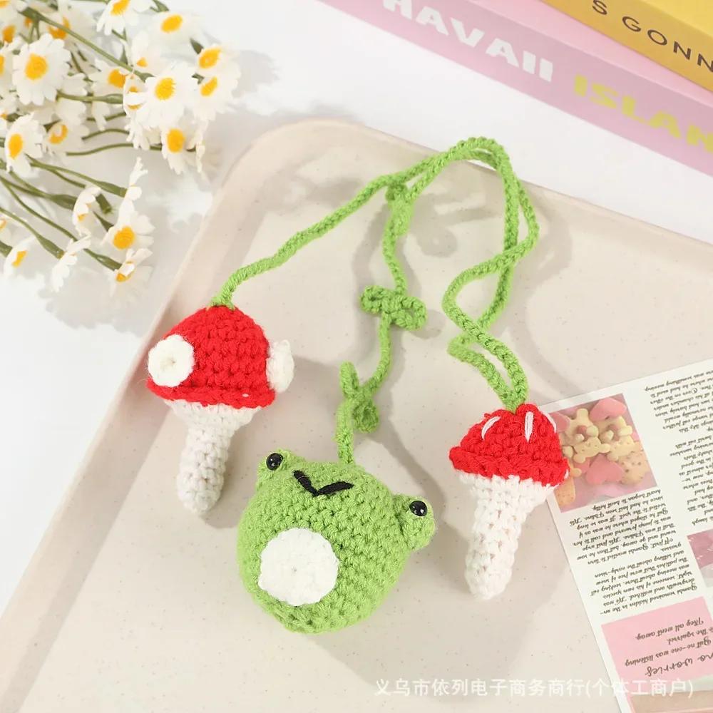 Knitted Car Rearview Mirror Hanging Ornament Car Interior Decoration Strawberry Pendant Daisy Lanyard Bag Pendant