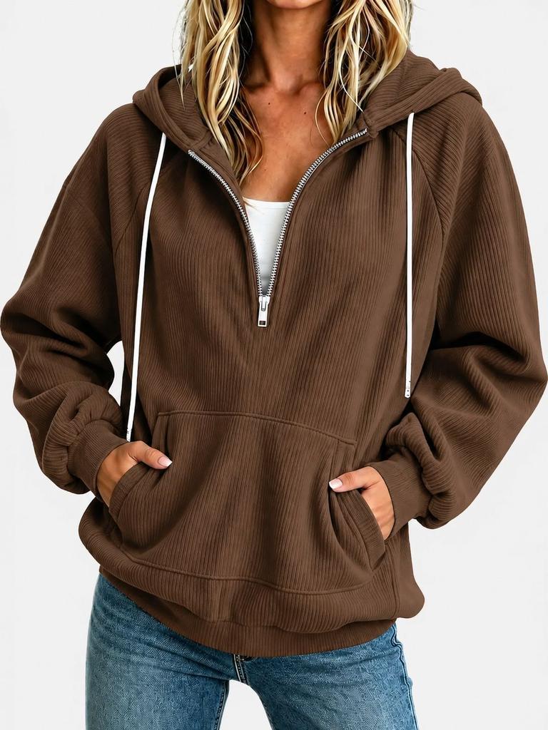 New European and American Women's Clothing Semi-zipper Hooded Sweater Loose Long-sleeved Drawstring Casual Top Spot Women