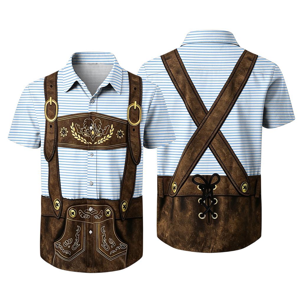Men's Short Sleeve Button Up Shirt Festival Retro Beer Elements Print Casual Loose Fit Party Daily Wear Shirt