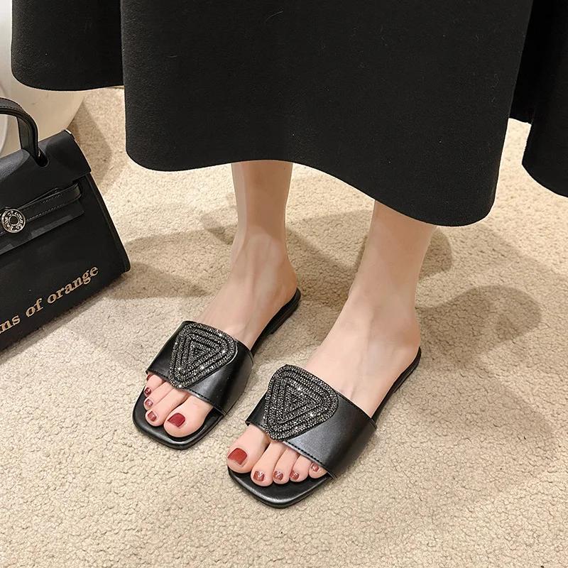 

Fashion Crystal Women Flats Slippers Summer Open Toe Beach Flip Flops Summer 2025 New Fashion Luxury Shoes Outdoor Sandals Femme Slides 36 чёрный
