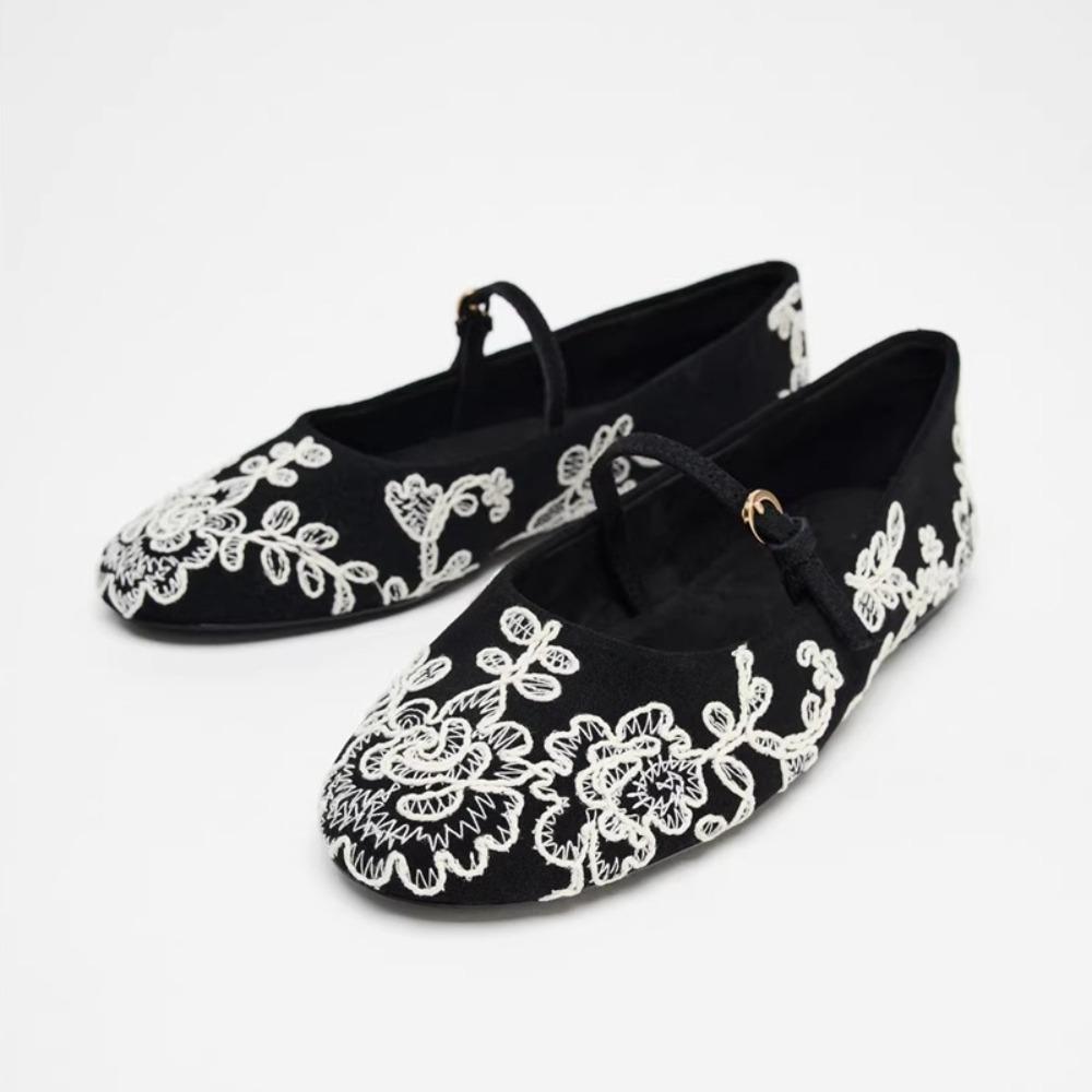 Fashion Retro Embroidered Flower Flat Ballet Shoes for Women 2025 Spring New French Round Head One Word Mary Jane Single Shoes Womens