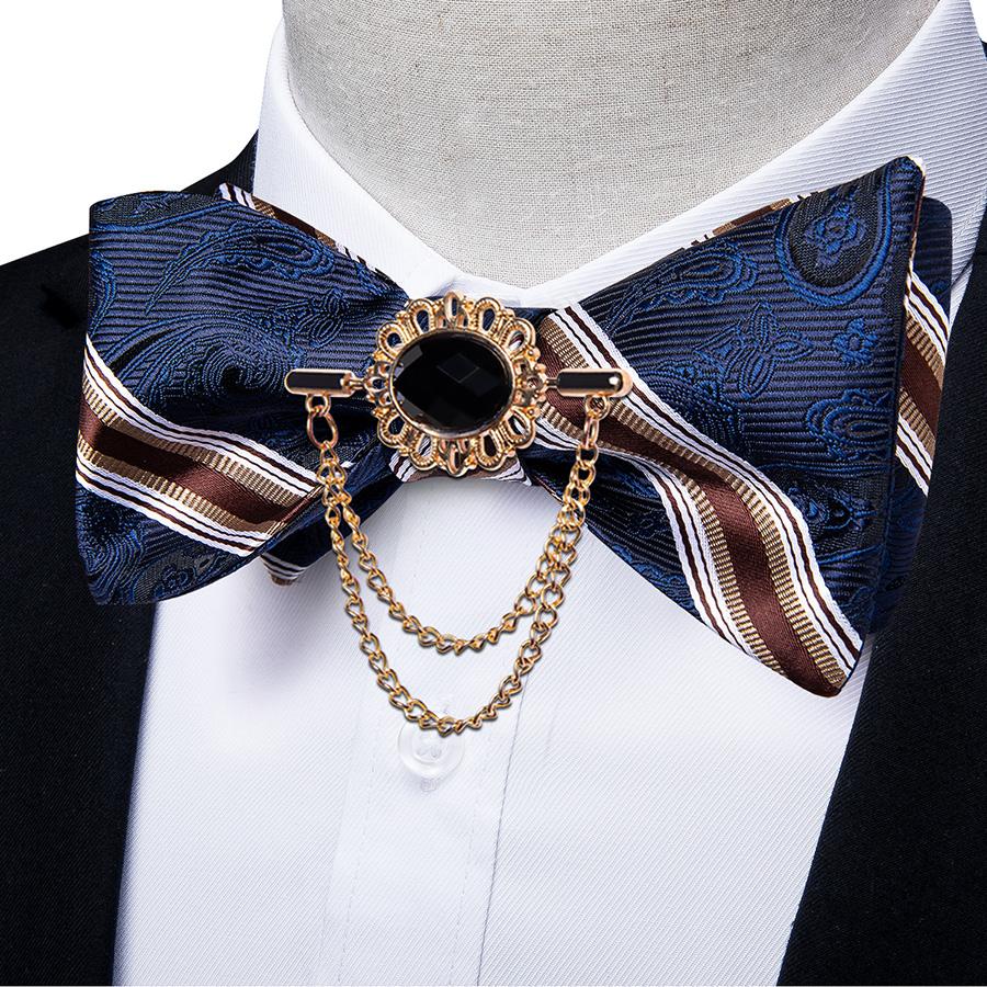 Bowtie Set for Men Blue Striped Self-tied Bowtie with Tassel Brooch Pin Tie Hanky Cufflinks Dibangu