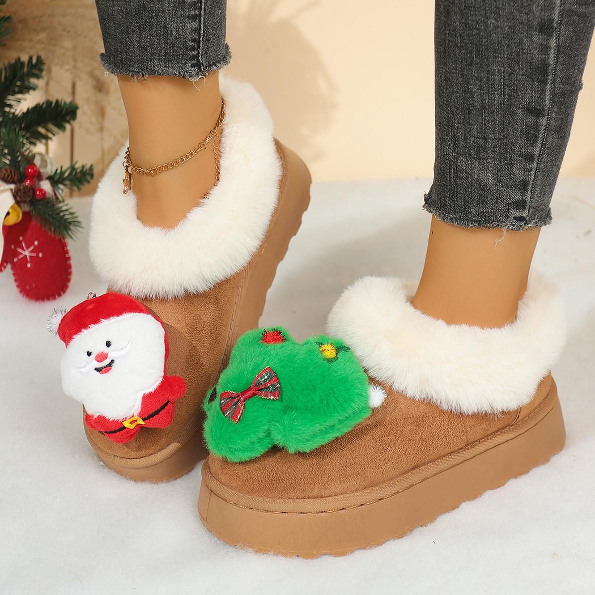 

Fashion Cartoon Santa Claus Fluffy Fur Cute Snow Boots Women 2025 Winter Thick Bottom Furry Ankle Boots Girl s Christmas Plush Shoes 36 коричневый