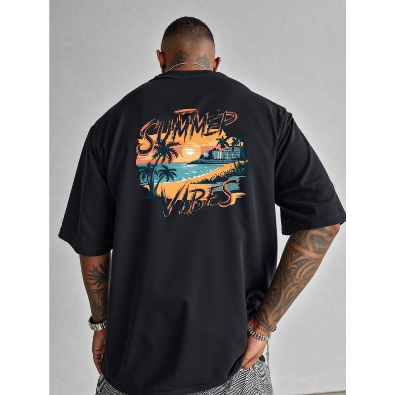 

Men s Summer Vibes Graphic T-Shirt - Tropical Beach Sunset Print, Relaxed Fit Short Sleeve, Round Neck Casual Top for Spring & Summer 4XL чорний