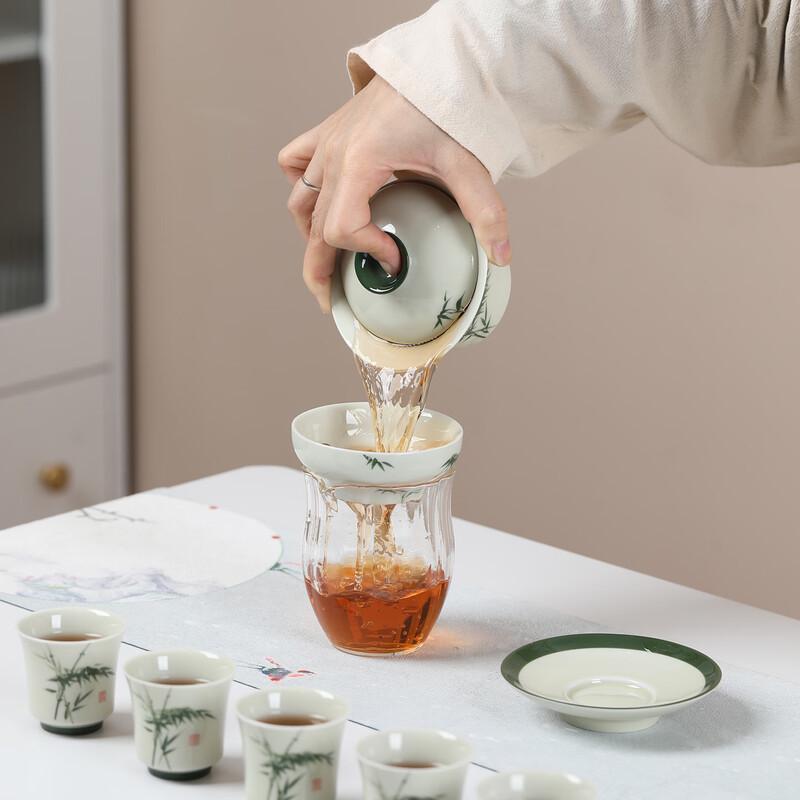 Mutton Fat Jade Porcelain Kung Fu Tea Set - Green Bamboo