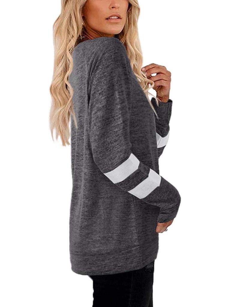 Damen V-Ausschnitt Langarm Kontrastfarbe Lockeres T-Shirt