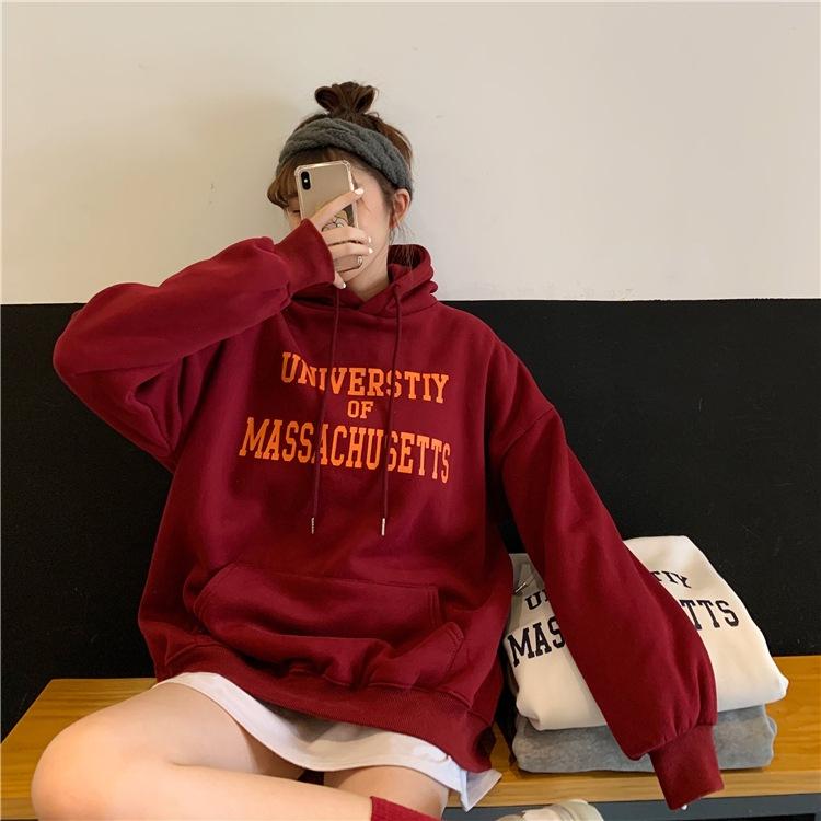 Women Warm Soft Hoodies Padded Sweater Female College Style Loose Medium-length Letters Printed Casual Wildcard Retro Simple Literary Long-sleeved