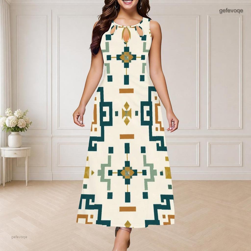 Women Plus Size Sleeveless Round Neck Triple Keyhole Cutout Black White Printed Maxi Dress