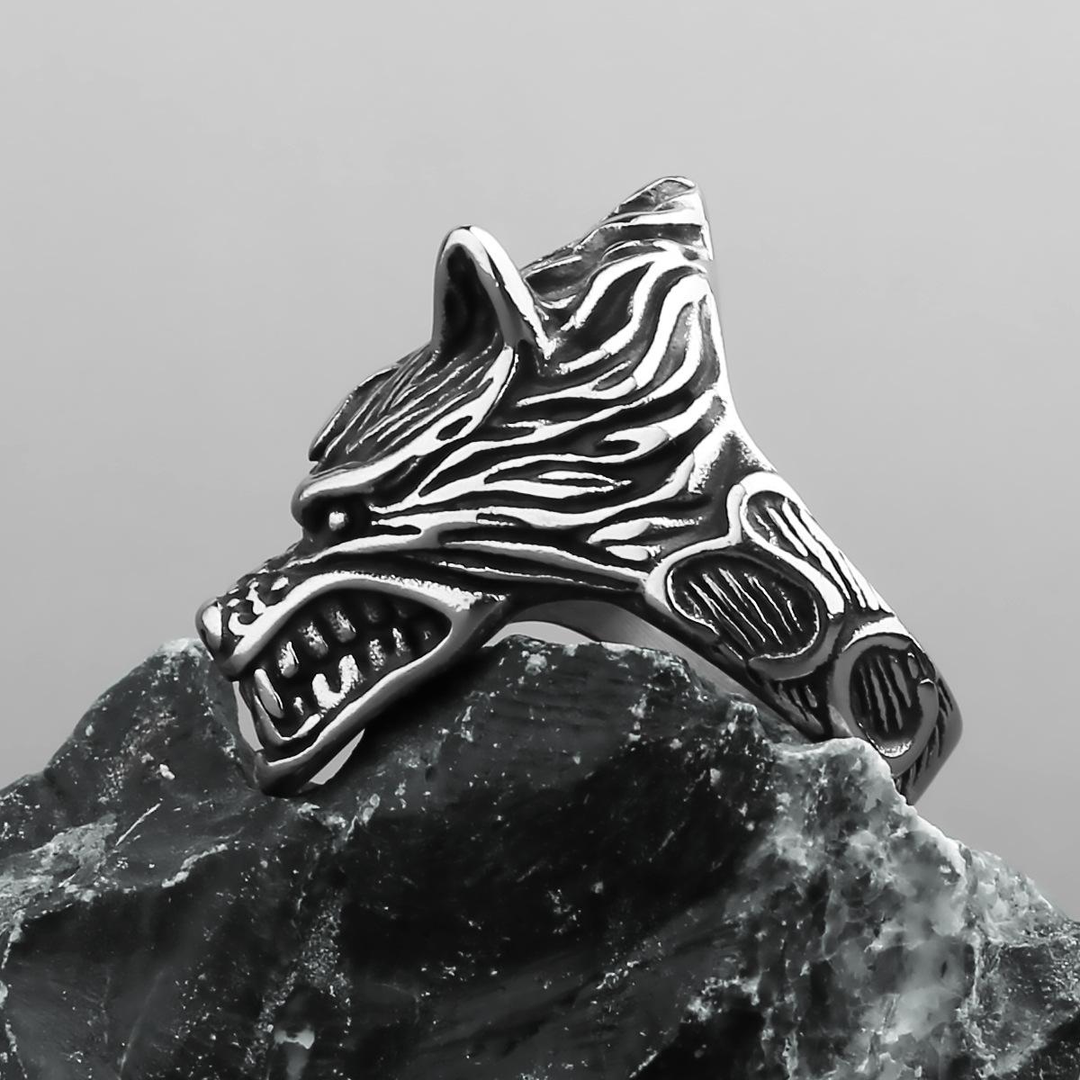 Mens Titanium Steel Wolf Head Ring Norse Odin Mythology Hip Hop Jewelry Two Tone Design no. 7