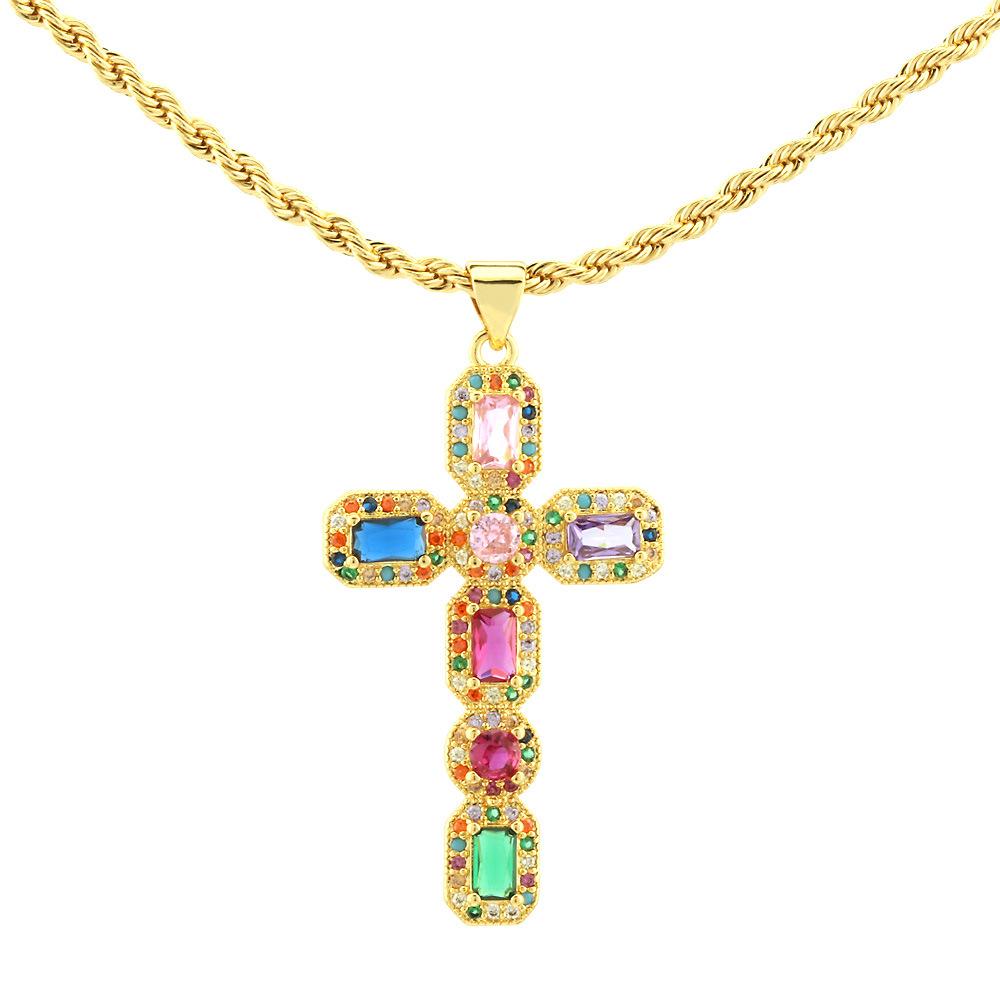 European and American Style Hip-hop Micro Inlaid Color Zirconium Cross Necklace for Women's Fashion Trend Electroplated Collarbone Chain Jewelry