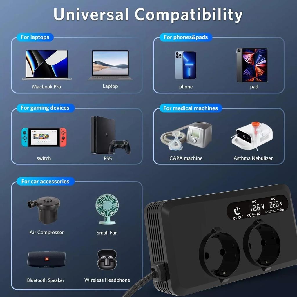 200W Auto-Wechselrichter Fahrzeug-Konverter Schnellladung Universalsteckdose Netzteil Spannungswandler Powerbank