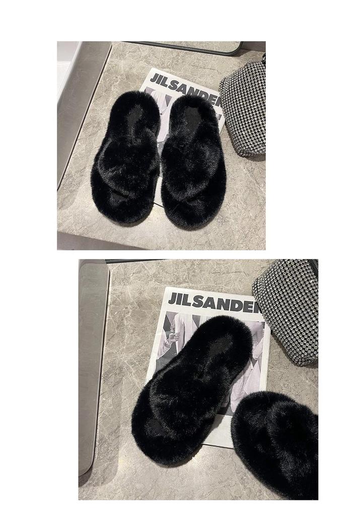 2025 Women's Open Toe Cross-Strap Fur Slippers: Autumn/Winter Fashion, Thick Sole, Height Boosting