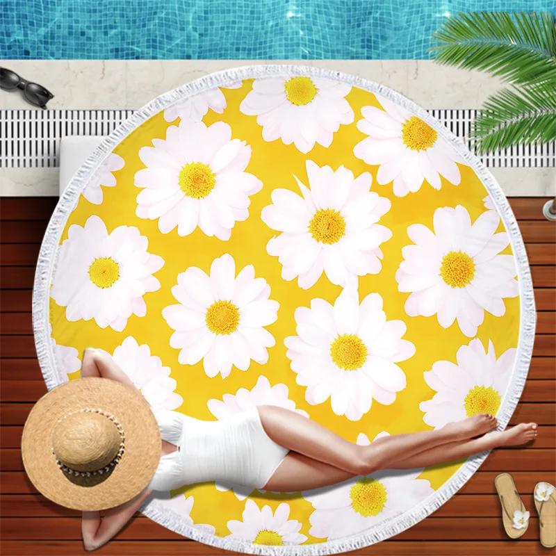 Serviette de plage Marguerites Pompons Ronde Séchage Rapide Extérieur Été Couverture de Mer Tournesol Plante Kawaii Tapis de Plage Tapis de Yoga Pique-nique