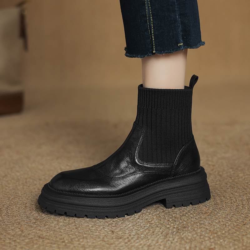 Krazing Pot Зимние овчинные ботинки с круглым носком и толстым каблуком модные женские мотоциклетные ботинки без застежек на вязаной платформе ботильоны 34 чёрный 8179₽