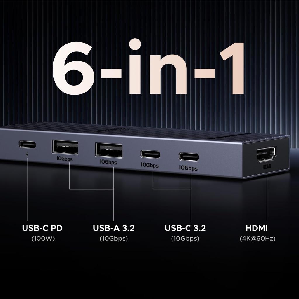UGREEN Revodok Hub 6in1 100W USB PD Compatible 4K 60Hz 10Gbps High Speed Data Transfer HDMI Port USB C Compatible with MacBook iPad Thinkpad Rog USB-C