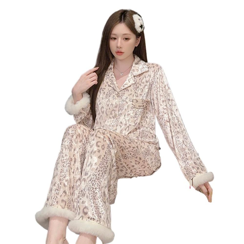 Women Golden Velvet Pajama Set Autumn Winter Warm Luxury Leopard Furry Cuff Lapel Cardigan Loungewear Diamond Velvet Home Outfit