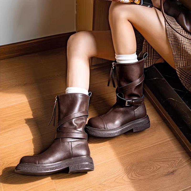 Fashion Autumn Winter Platform Warm Leather Round Toe Mid Calf Shoes Woman Y2k 2025 New Designer Luxury In Pu Half High Boots for Women