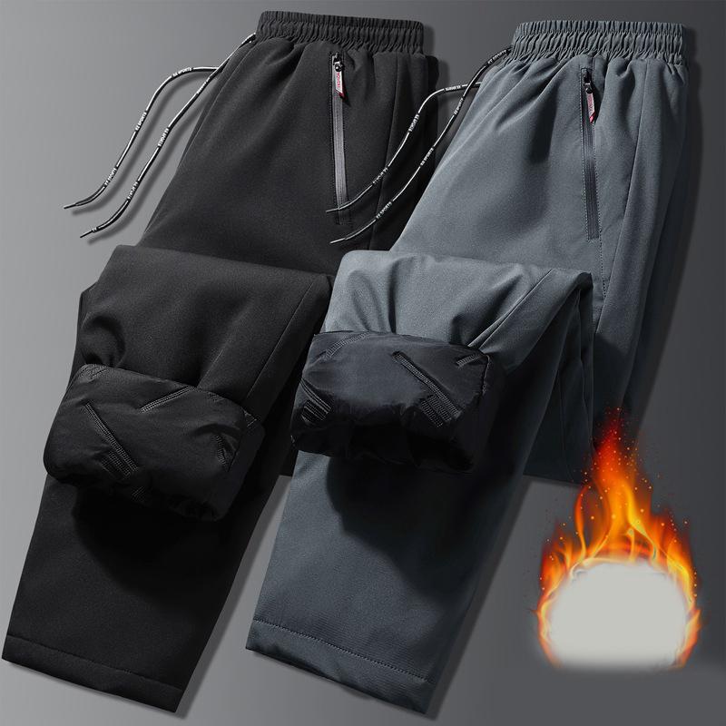 R Men's Windproof Warm Plush Cotton Trousers Lace Up for Autumn and Winter