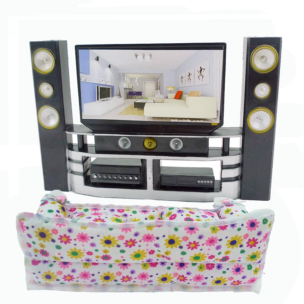 Mini Dollhouse Furniture Family Bedroom HI-FI TV Cabinet Set Flower Sofa +2 Cushions for Barbie Doll Accessories(NO DOLLS)