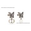 Black Gold Butterfly Diamond Tassel Pearl CD Stud Earrings - Women's High-End Fashion 