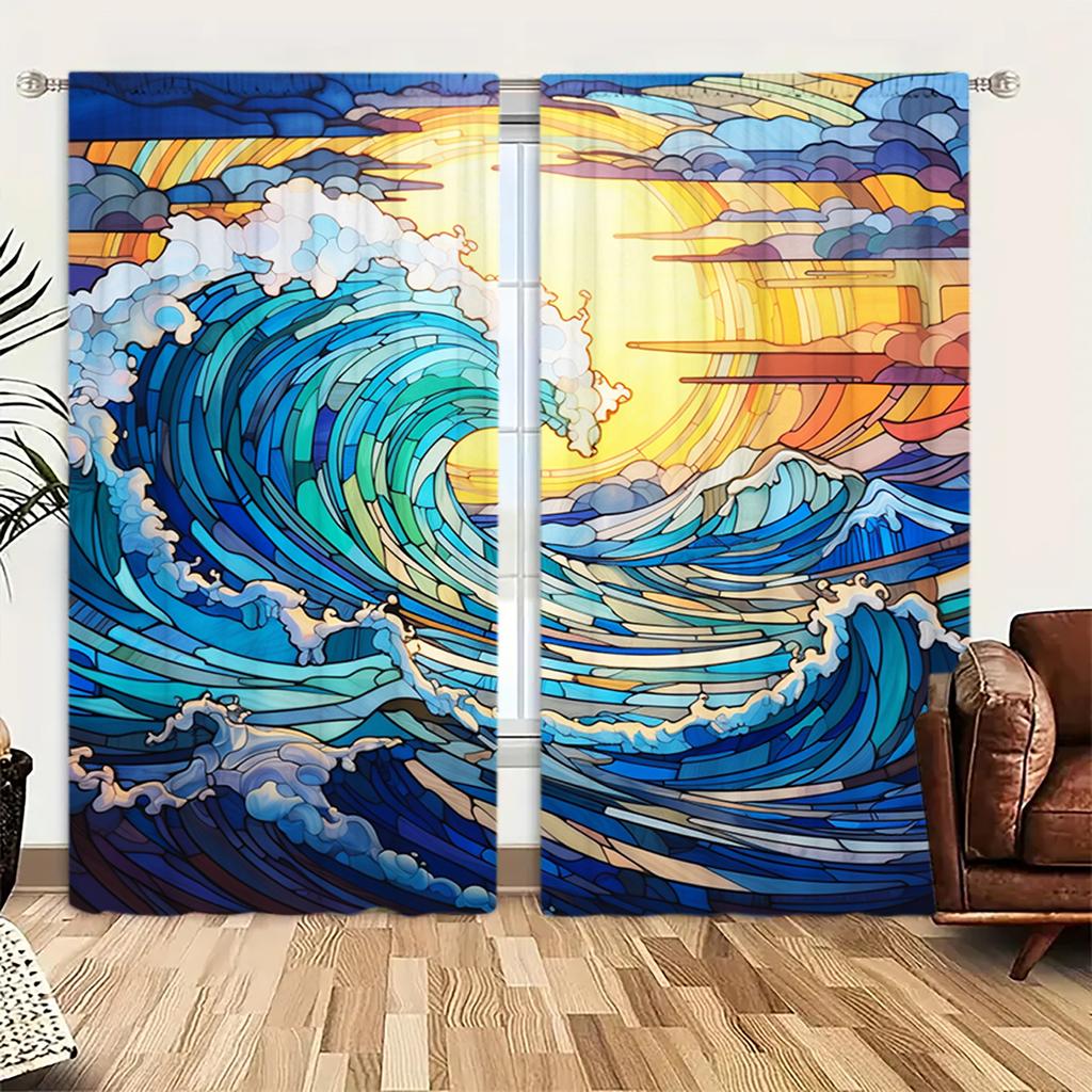 2pcs Stained Glass Waves Printed Curtain for Home Decor - Rod Pocket Window Treatment for Bedroom, Office, Kitchen